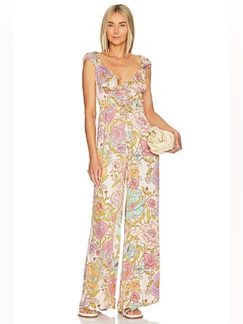 Free People Rolling Hills Jumpsuit in Tea Combo Floral Wide-Leg - Size M